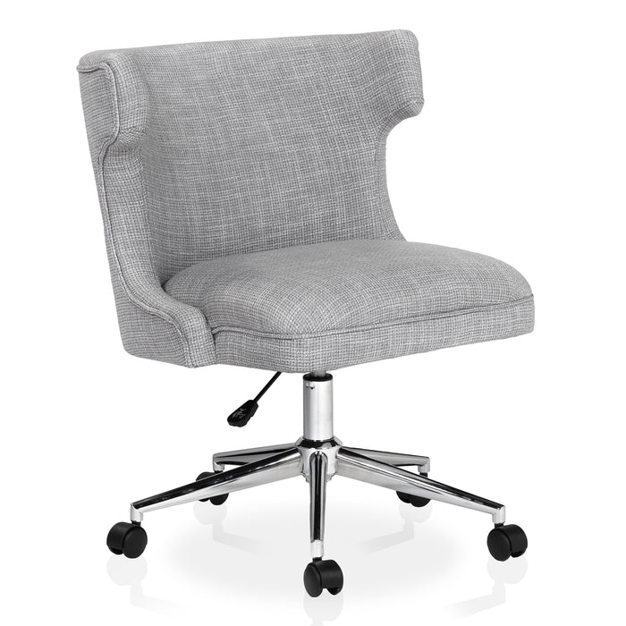 Right angled light gray and chrome wingback office chair on a white background