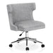 Right angled light gray and chrome wingback office chair on a white background