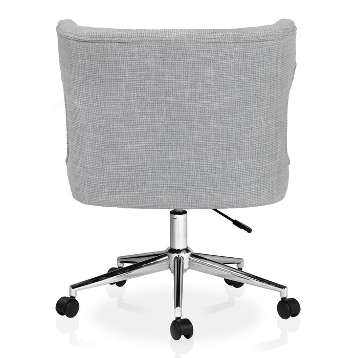 Front facing back view of a light gray and chrome wingback office chair on a white background