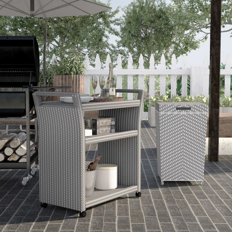 Right-angled light grey wicker outdoor 2-piece bar cart and towel hamper set against a white background. The bar cart offer 3 tiers for food and beverage.