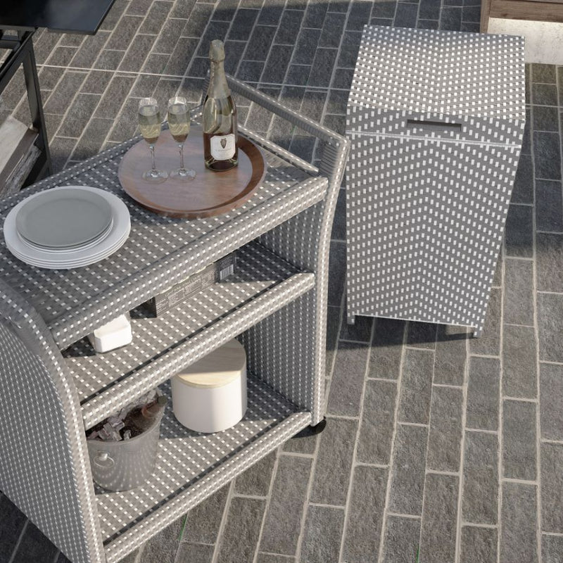 Right-angled light grey wicker outdoor 2-piece bar cart and towel hamper set against a white background. The bar cart offer 3 tiers for food and beverage.