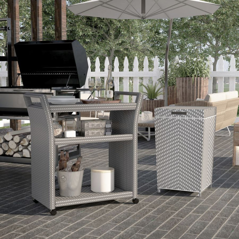 Right-angled light grey wicker outdoor 2-piece bar cart and towel hamper set against a white background. The bar cart offer 3 tiers for food and beverage.