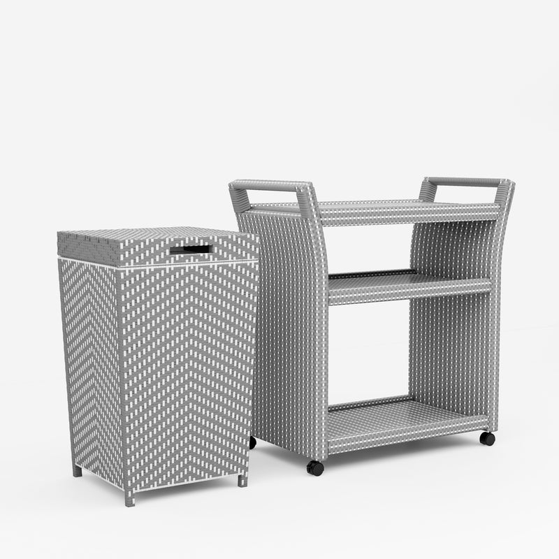 Right-angled light grey wicker outdoor 2-piece bar cart and towel hamper set against a white background. The bar cart offer 3 tiers for food and beverage.