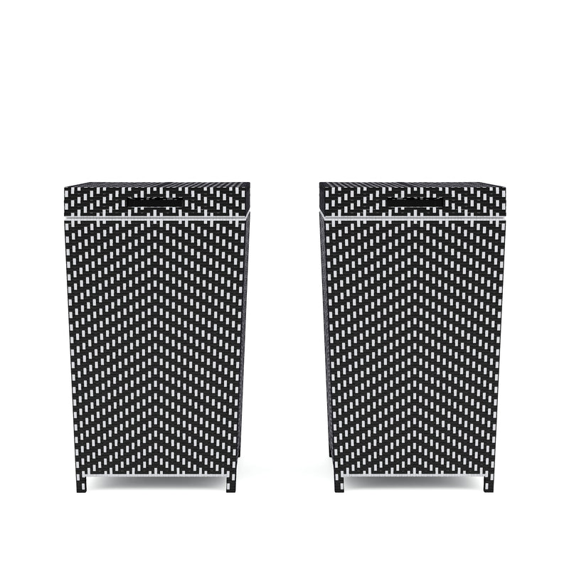 Front-facing black wicker outdoor towel hampers set against a white background.