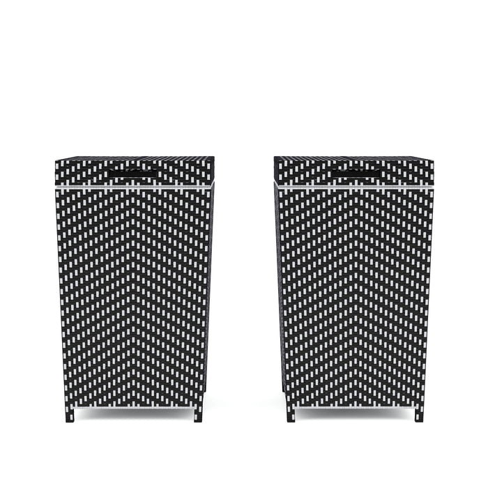 Front-facing black wicker outdoor towel hampers set against a white background.