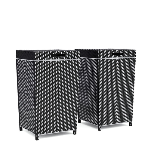 Right-angled black wicker outdoor towel hampers set against a white background.