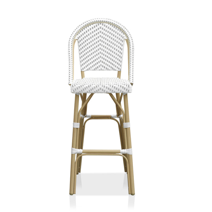 Front-facing french outdoor bar chair with a gray and white woven chevron pattern and tropical-style frame on a white background