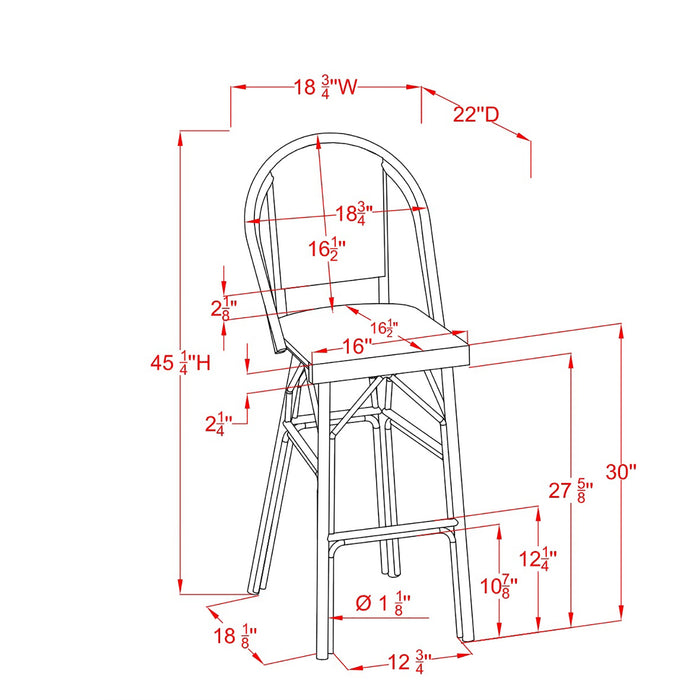 Right-angled line drawing french outdoor bar chair with a gray and white woven chevron pattern and tropical-style frame with dimensions on a white background