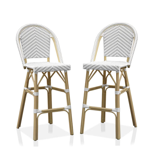 Left-angled french outdoor bar chair with a gray and white woven chevron pattern and tropical-style frame on a white background