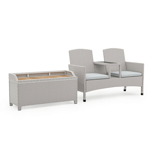 Right-angled light grey wicker outdoor 2-piece loveseat and storage bench set against a white background. The bench is lipped to offer space for a cushion, while the loveseat includes two grey cushions and a black tempered glass built-in center console table.