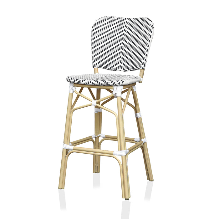 Left-angled black and white chevron patterned wicker patio bar chair against a white background. The natural tone frame adds to the beach-style vibe.
