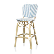 Left-angled blue and white chevron patterned wicker patio bar chair against a white background. The natural tone frame adds to the beach-style vibe.
