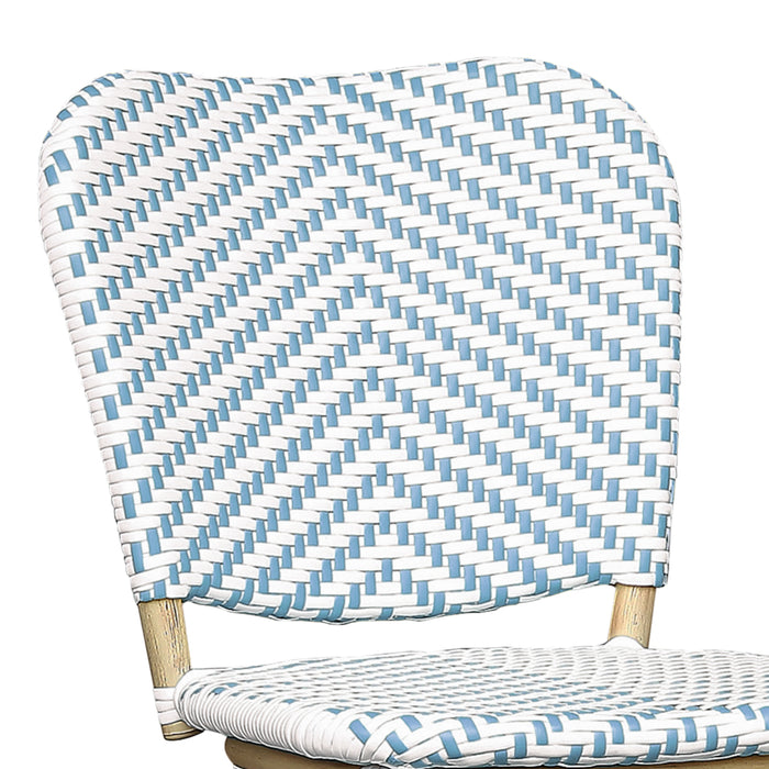 Detail shot of a blue and white chevron patterned wicker curved backrest.