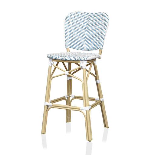 Left-angled blue and white chevron patterned wicker patio bar chair against a white background. The natural tone frame adds to the beach-style vibe.