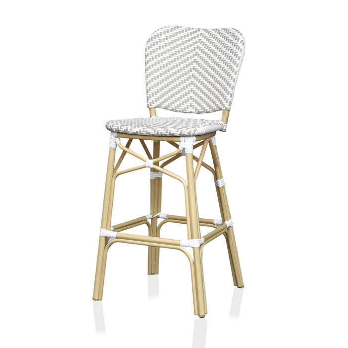 Left-angled grey and white chevron patterned wicker patio bar chair against a white background. The natural tone frame adds to the beach-style vibe.