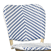 Detail shot of a navy and white chevron patterned wicker curved backrest.
