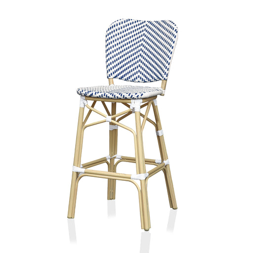 Left-angled navy and white chevron patterned wicker patio bar chair against a white background. The natural tone frame adds to the beach-style vibe.