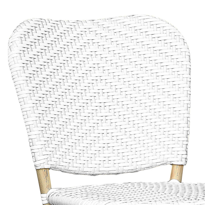 Detail shot of a white chevron patterned wicker curved backrest.