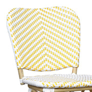 Detail shot of a yellow and white chevron patterned wicker curved backrest.