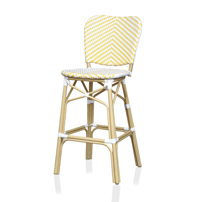 Left-angled yellow and white chevron patterned wicker patio bar chair against a white background. The natural tone frame adds to the beach-style vibe.