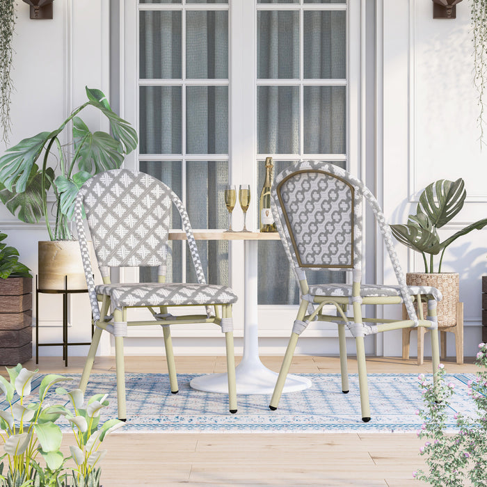 Grey and white octofoil patterned chairs in a contemporary patio.