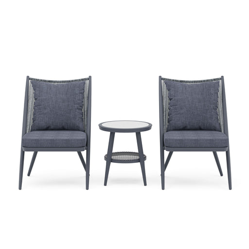 Front-facing view of mid-century modern slate aluminum and wicker three-piece chair and table set on white background