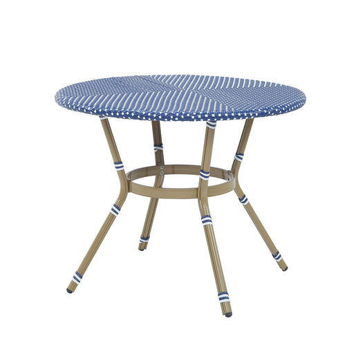Front-facing French style blue and white wicker patio dining table on a white background