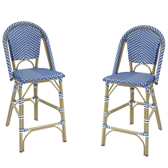 Angled set of two French style blue and white wicker counter height patio chairs on a white background