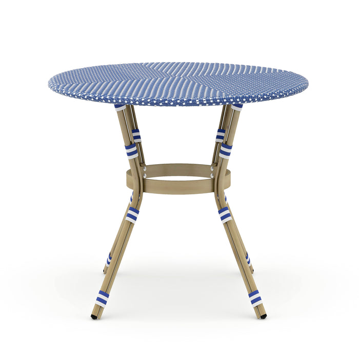 Front-facing French style blue and white wicker counter height patio dining table on a white background