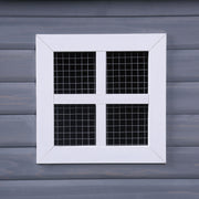 Front-facing close up the window of Bryer transitional grey and white lattice style pet house