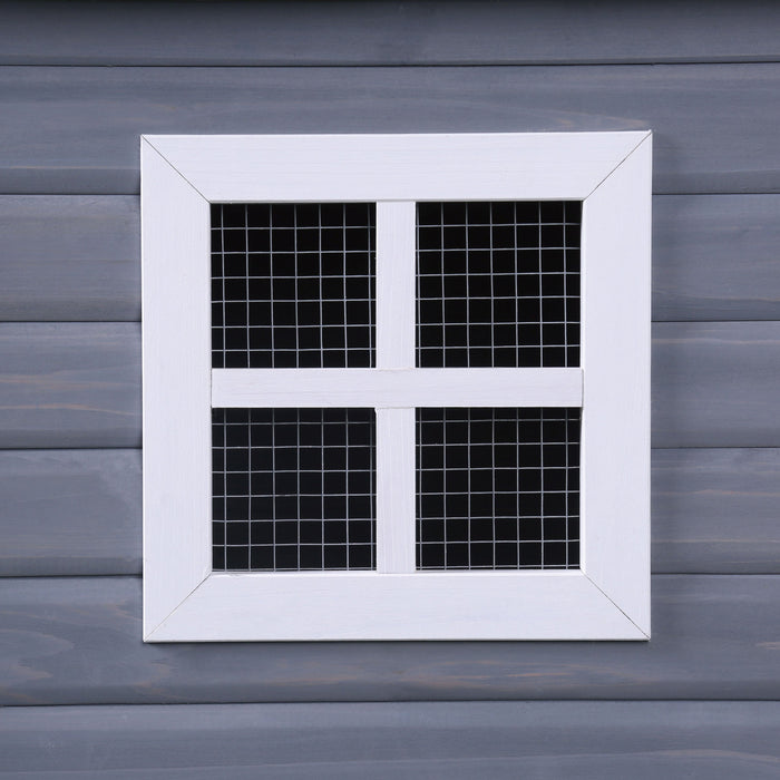  Front-facing close up the window of Bryer transitional grey and white lattice style pet house