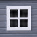  Front-facing close up the window of Bryer transitional grey and white lattice style pet house