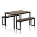 Right angled rustic walnut and black three-piece dining table and benches set on a white background