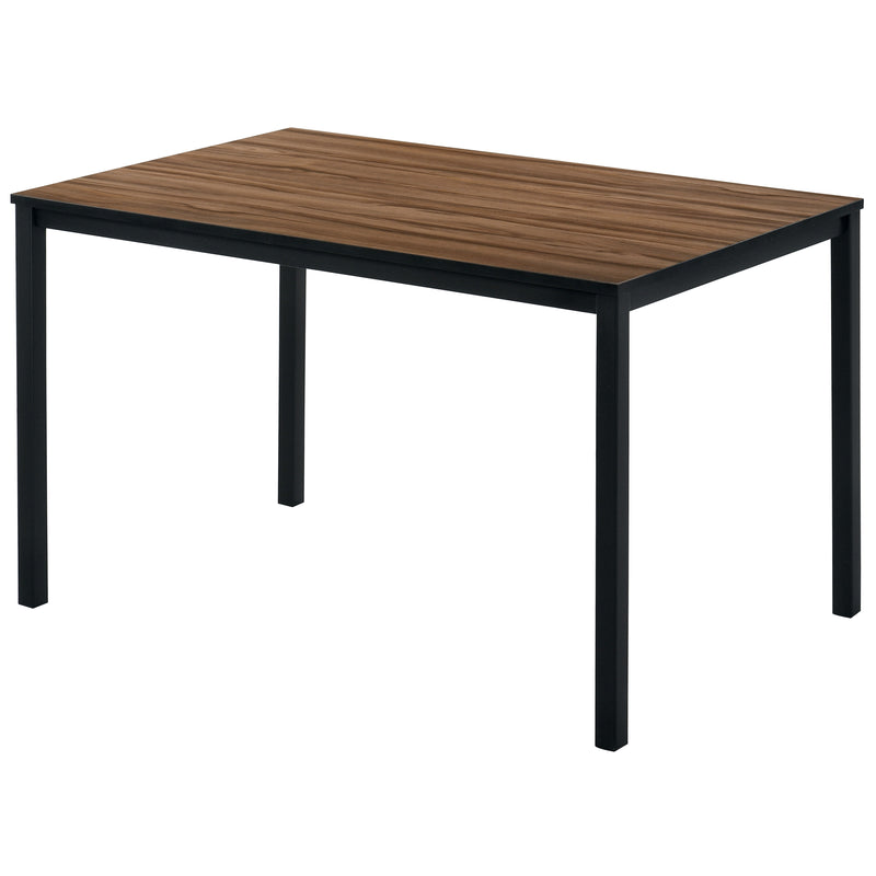 Left angled walnut and black dining table on a white background