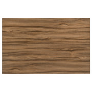 Top-facing walnut and black dining table on a white background