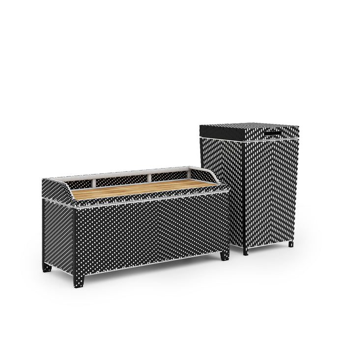 Right-angled black wicker outdoor 2-piece storage bench and towel hamper set against a white background. The bench is lipped to offer space for a cushion.