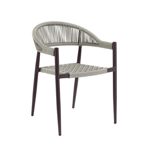 Right-angled bohemian faux wicker patio dining chair in dark brown on a white background