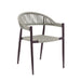 Right-angled bohemian faux wicker patio dining chair in dark brown on a white background