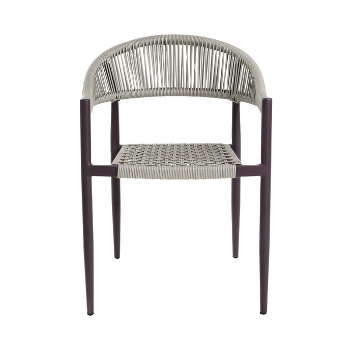 Front-facing bohemian faux wicker patio dining chair in dark brown on a white background
