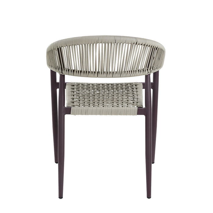 Front-facing back view bohemian faux wicker patio dining chair in dark brown on a white background