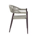 Front-facing side view bohemian faux wicker patio dining chair in dark brown on a white background