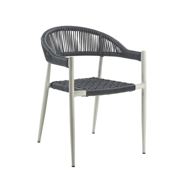 Right-angled bohemian faux wicker patio dining chair in light gray on a white background