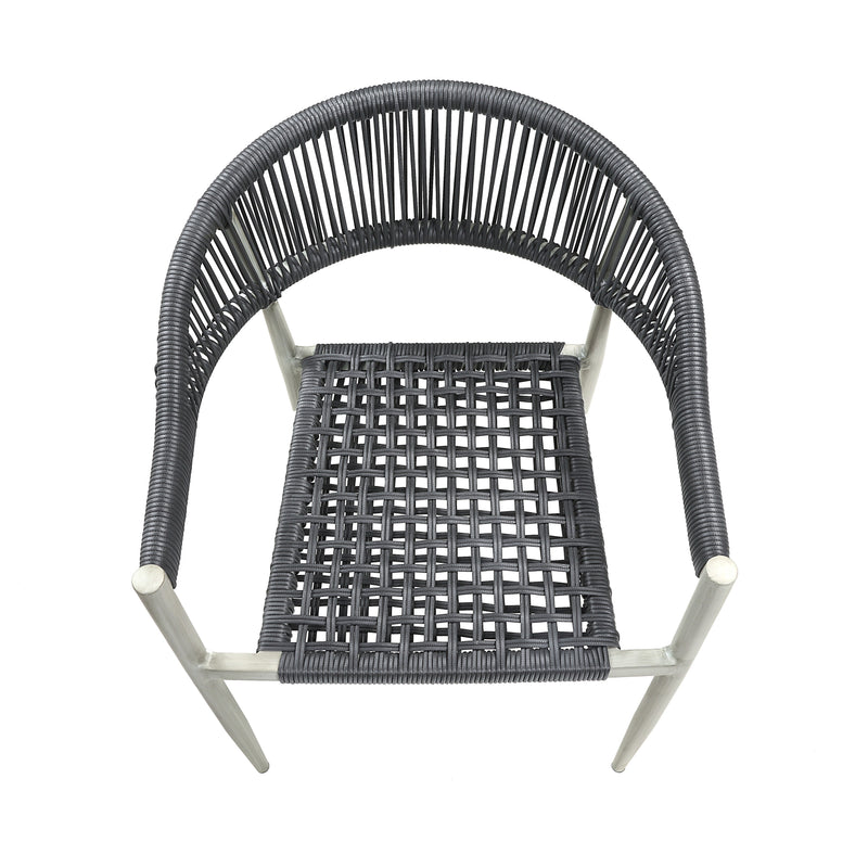 Front-facing top view bohemian faux wicker patio dining chair in light gray on a white background