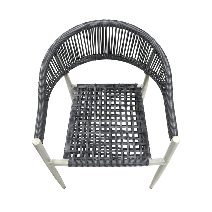Front-facing top view bohemian faux wicker patio dining chair in light gray on a white background