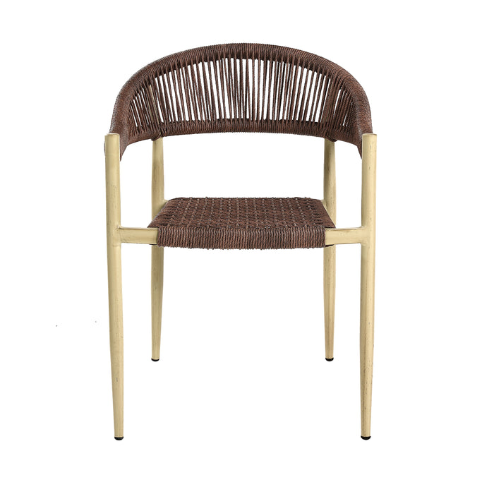 Front-facing bohemian faux wicker patio dining chair in natural on a white background