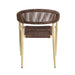 Front-facing back view bohemian faux wicker patio dining chair in natural on a white background