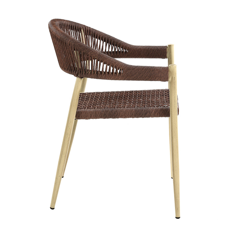Front-facing side view bohemian faux wicker patio dining chair in natural on a white background