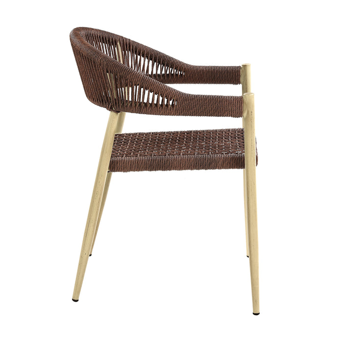 Front-facing side view bohemian faux wicker patio dining chair in natural on a white background
