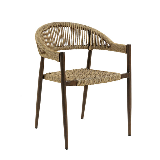 Right-angled bohemian faux wicker patio dining chair in walnut on a white background