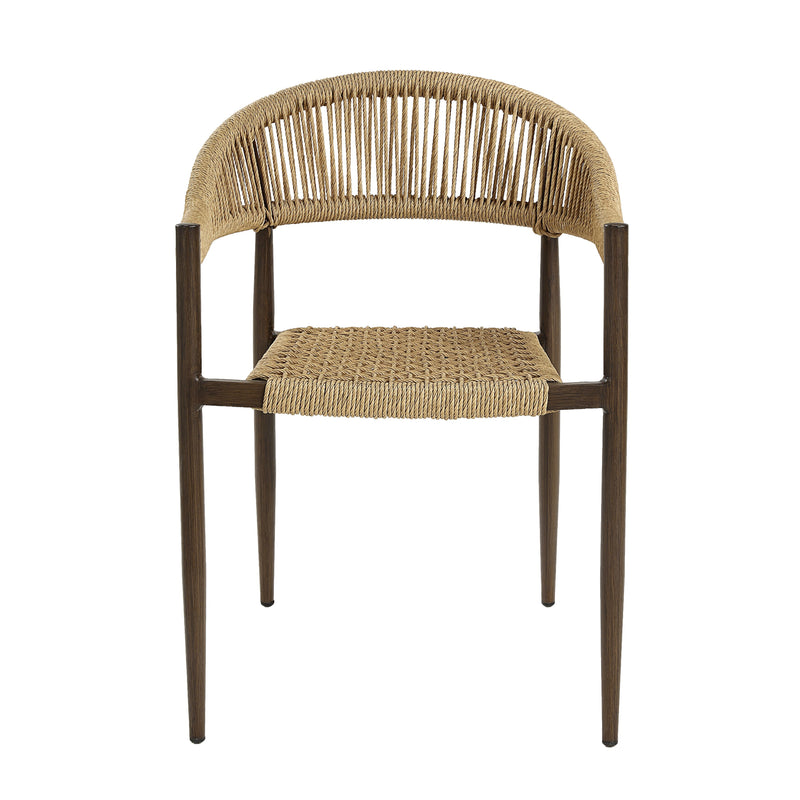 Front-facing bohemian faux wicker patio dining chair in walnut on a white background